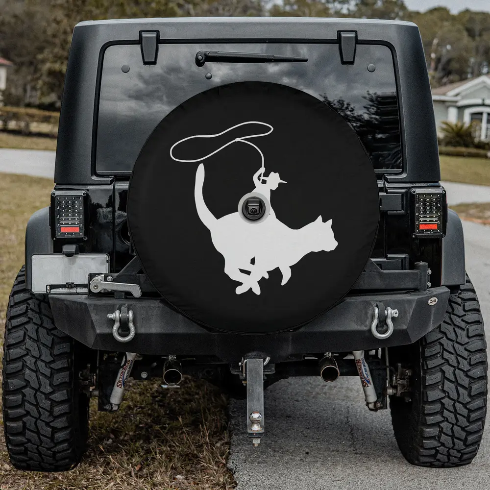 Cowboy lasso cat silhouette herder spare tire cover with camera hole