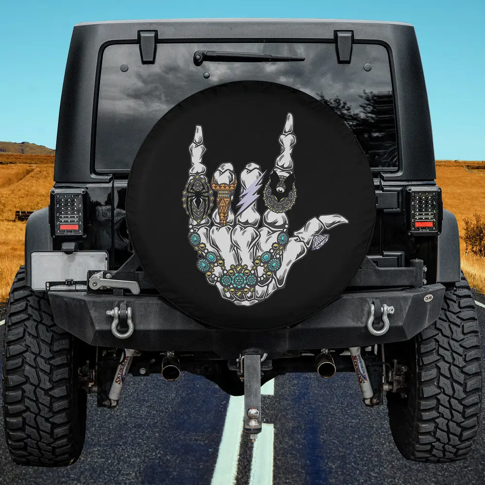 Cowboy skeleton hand with turquoise rings Halloween spare tire cover no camera hole