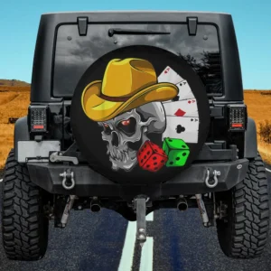 Cowboy skull with poker ace cards and dice Halloween spare tire cover no camera hole