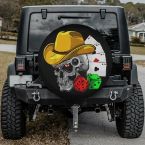 Cowboy skull poker ace dice Halloween spare tire cover with backup camera hole