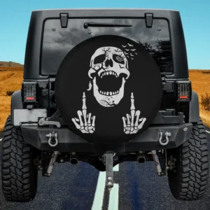 Cracked skull with bats and skeleton middle finger Halloween spare tire cover on Jeep