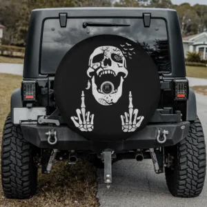 Halloween spare tire cover with cracked skull, bats, skeleton hands, camera hole option