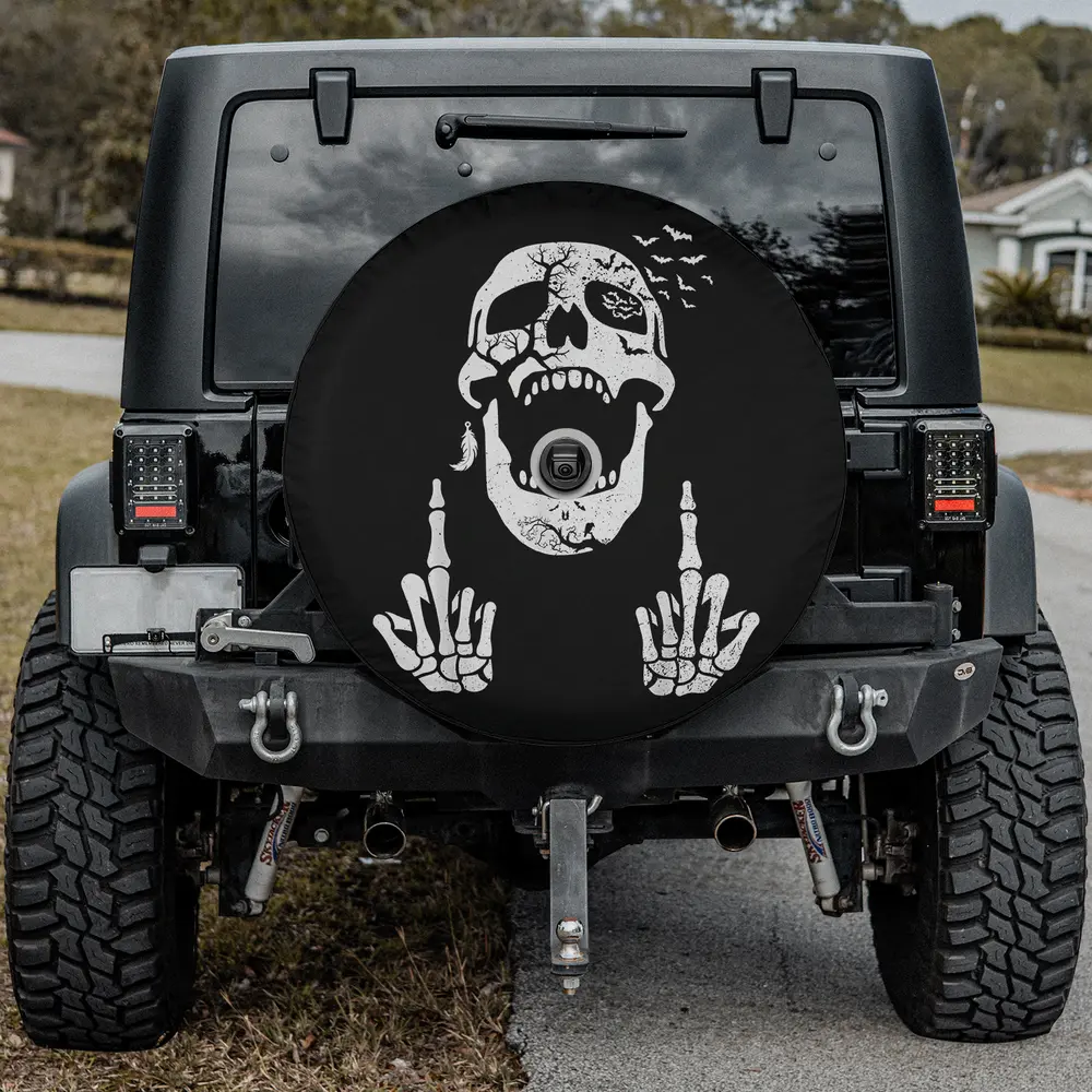 Halloween spare tire cover with cracked skull, bats, skeleton hands, camera hole option
