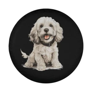 Cream Cockapoo cute graphic dog illustration on spare tire cover black background