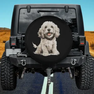 Cream Cockapoo cute graphic dog spare tire cover with no camera hole on Jeep