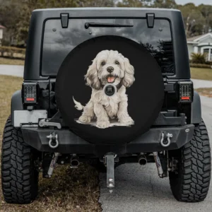 Cream Cockapoo cute graphic dog spare tire cover with backup camera hole for SUV