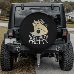Cream fluffy cat feed me tell me pretty spare tire cover with camera hole for Jeep Wrangler