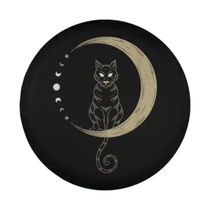 Mystical cat sitting on crescent moon with moon phases graphic design