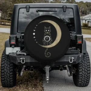 Crescent moon cat tarot moon cycle spare tire cover with backup camera hole for Jeep and RV
