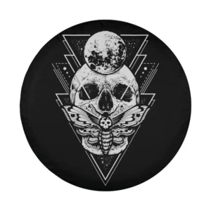 Mystic pagan skull, crystal moon, and death moth geometric Halloween tire cover art