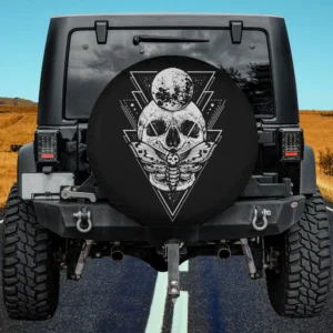 Crystal moon, death moth, and skeleton skull Halloween spare tire cover with no camera hole