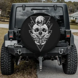 Crystal moon, death moth, and skeleton skull spare tire cover with backup camera hole