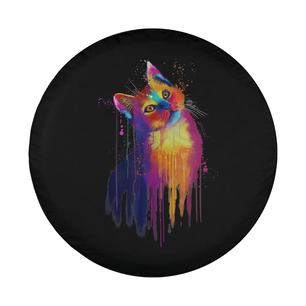 Curious cat neon watercolor splash artwork design for spare tire cover