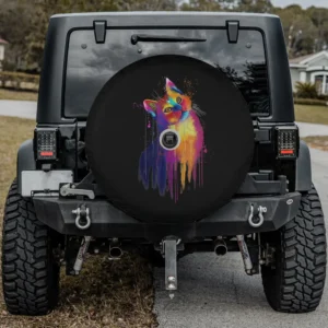 Curious cat neon watercolor splash spare tire cover with camera hole for Jeep SUV RV