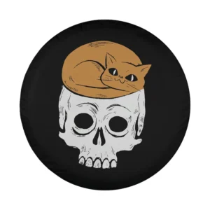 curled tan cat white skull cat spare tire cover design illustration