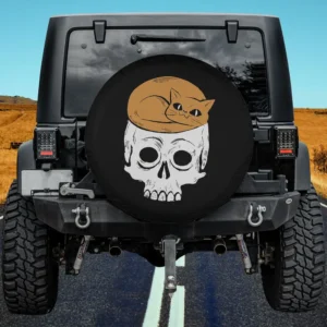 curled tan cat white skull cat spare tire cover no camera hole for Jeep SUV RV