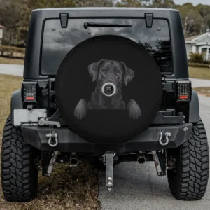 Cute black labrador peeking paws puppy dog spare tire cover with camera hole
