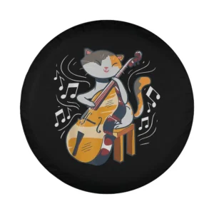Cartoon cat playing double bass surrounded by musical notes design only