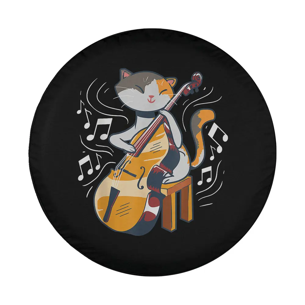 Cartoon cat playing double bass surrounded by musical notes design only