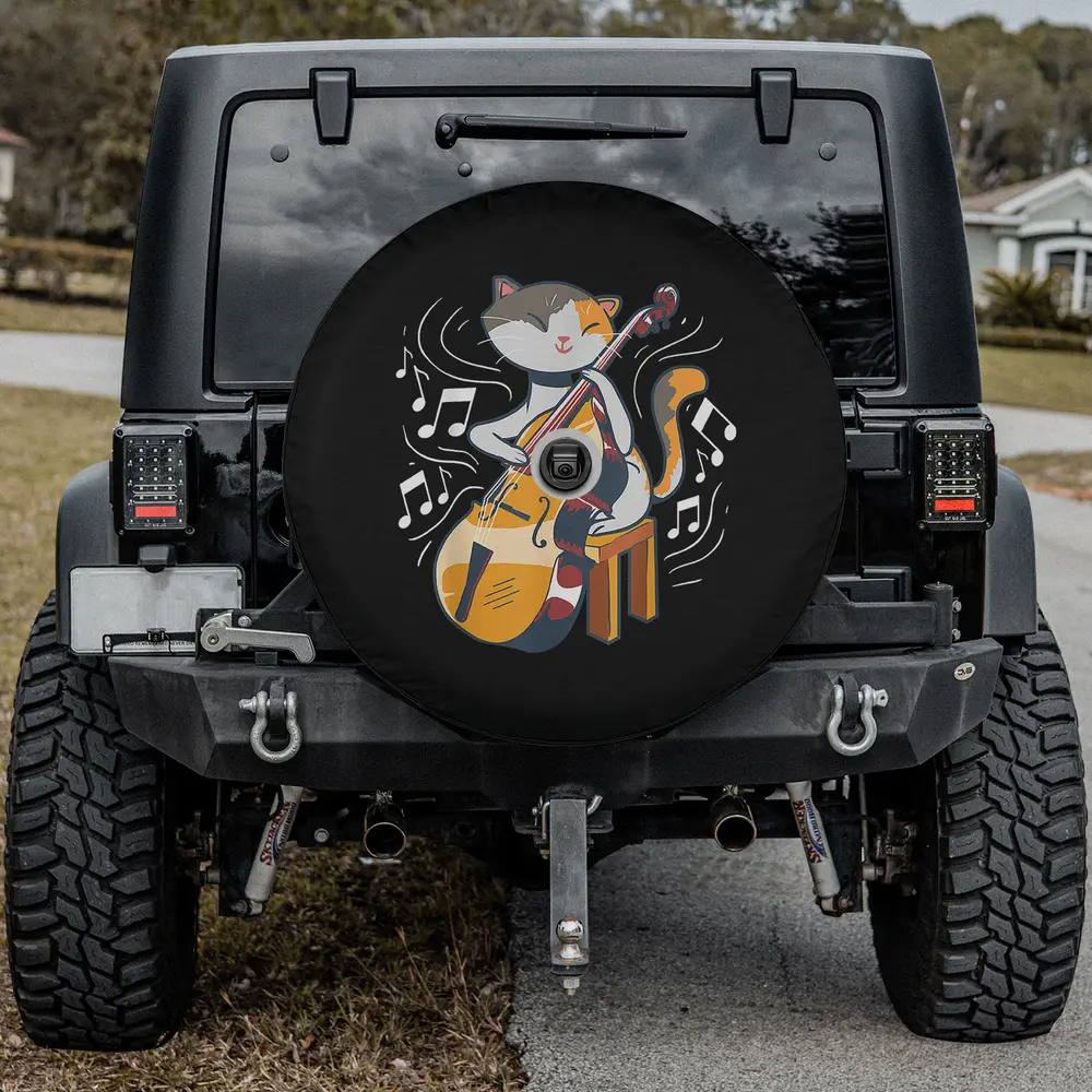 Cute cartoon cat double bass musical notes spare tire cover with backup camera hole