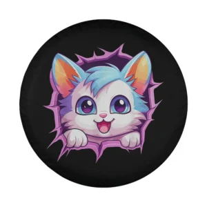 Cartoon kitten with blue hair breaking through ripped hole on funny cat tire cover