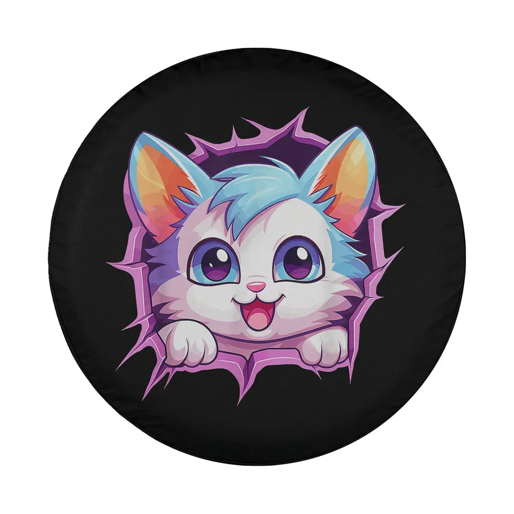 Cartoon kitten with blue hair breaking through ripped hole on funny cat tire cover