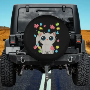 Cute cat with colorful puzzle balloons autism awareness spare tire cover without camera hole