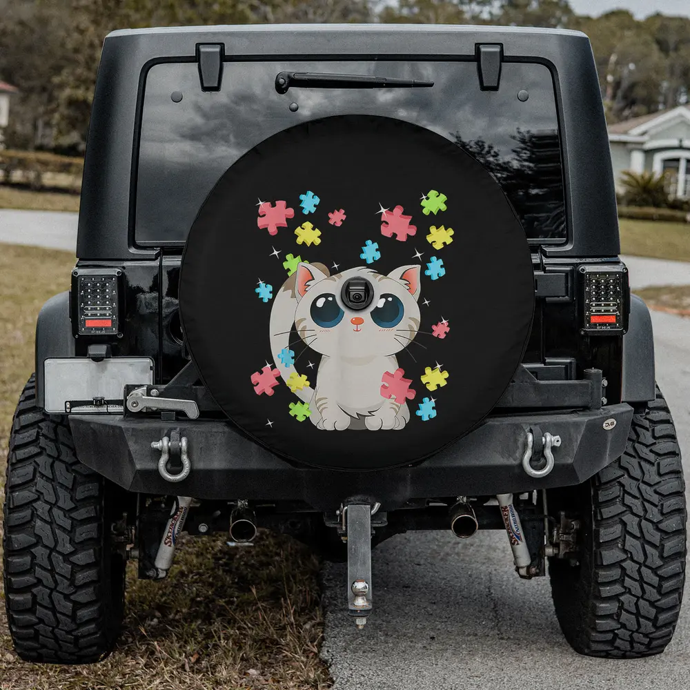 Cute cat colorful puzzle balloons autism awareness spare tire cover with backup camera hole