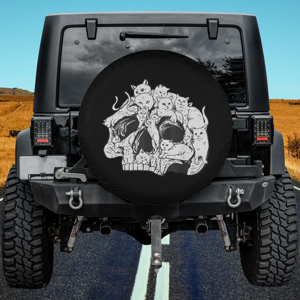 Cute cats forming a skull bone head skeleton on a cat spare tire cover for Jeep or SUV, no camera hole