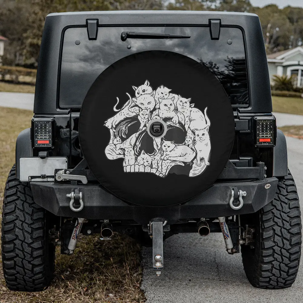 Cute cats skull bone head skeleton cat spare tire cover with backup camera hole for Jeep