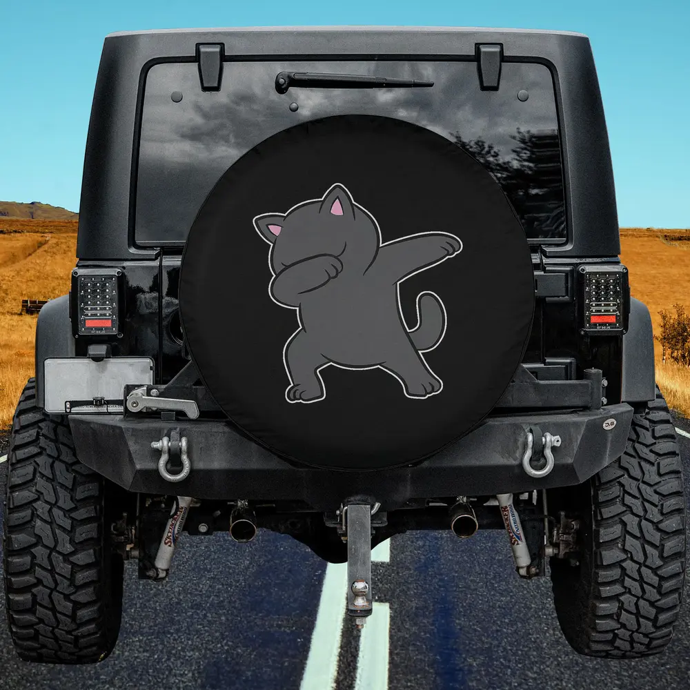 Cute dabbing cartoon cat black spare tire cover with no camera hole for Jeep SUV RV
