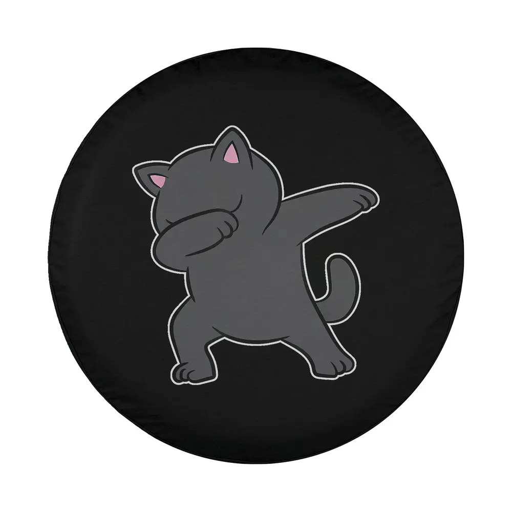 Cartoon dabbing cat on black background spare tire cover design only