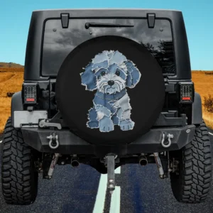 Cute denim patchwork puppy dog art spare tire cover for Jeep SUV RV