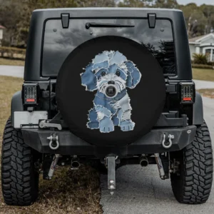 Cute denim patchwork puppy dog art spare tire cover with camera hole option
