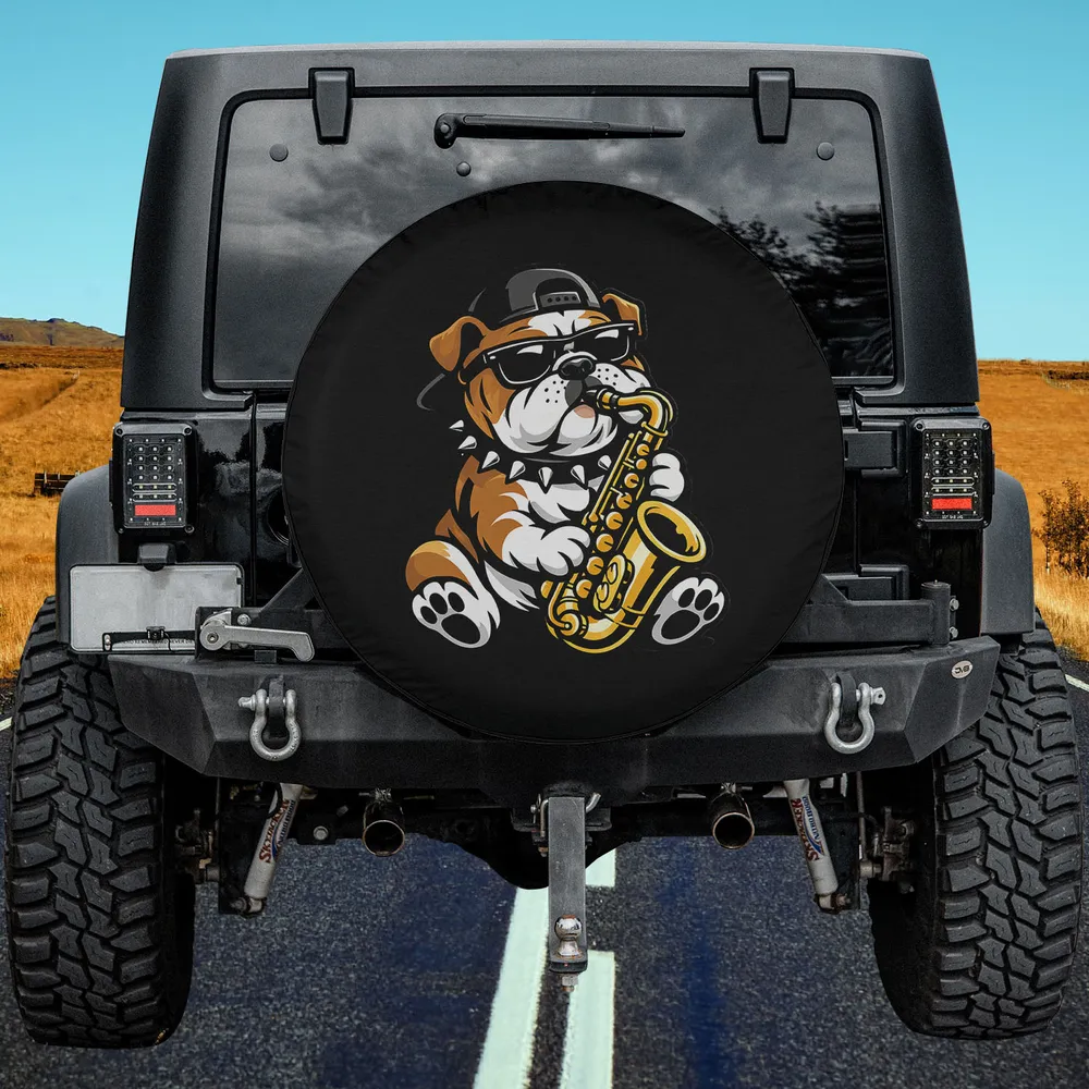 Cute English Bulldog Saxophone Sunglasses Dog Spare Tire Cover No Camera Hole