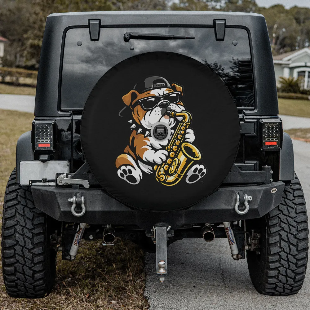 English Bulldog saxophone sunglasses cartoon dog spare tire cover with camera hole