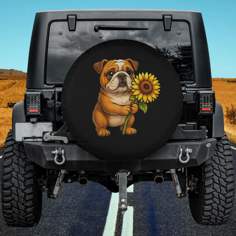 Cute English Bulldog holding sunflower cartoon dog spare tire cover for Jeep SUV RV