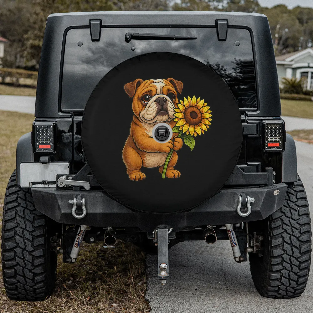 Cute English Bulldog sunflower cartoon dog spare tire cover with backup camera hole