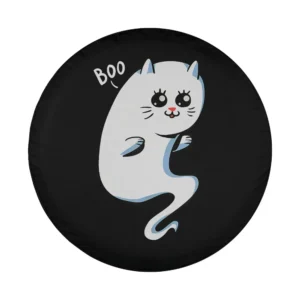 Playful cute ghost cat boo halloween spare tire cover design with cartoon cat and BOO text