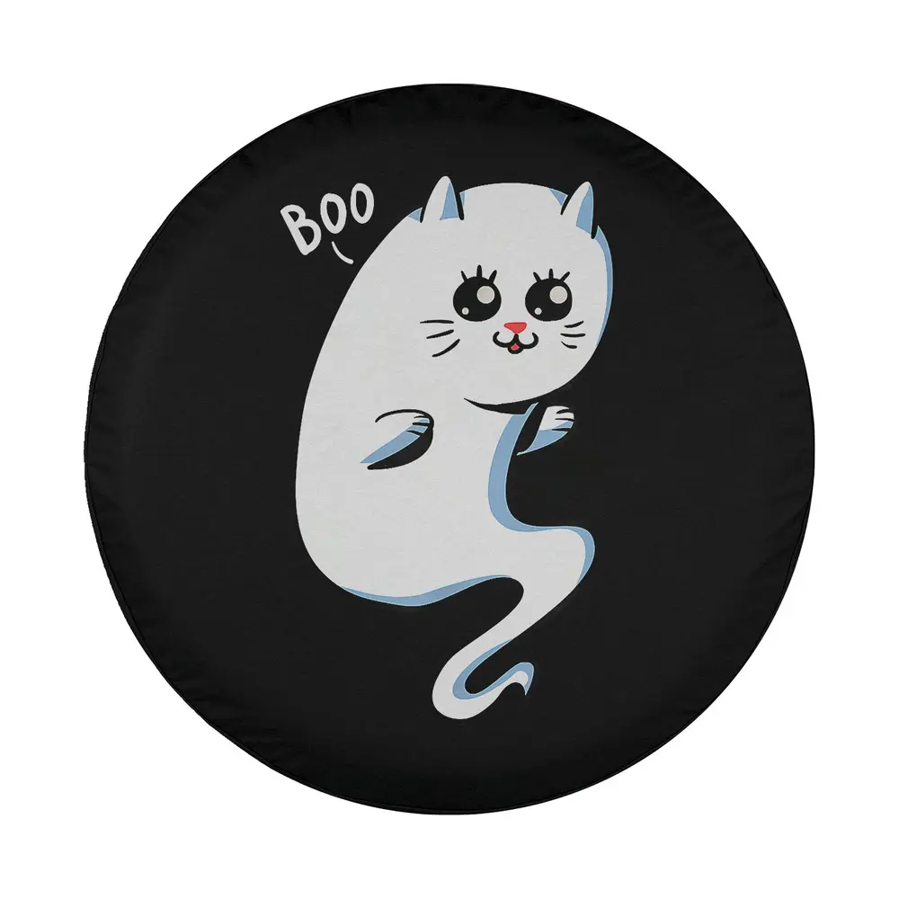 Playful cute ghost cat boo halloween spare tire cover design with cartoon cat and BOO text