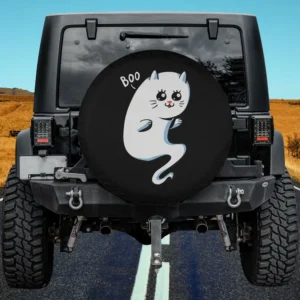 Cute ghost cat boo halloween spare tire cover with playful cartoon cat and BOO text for Jeep and SUV