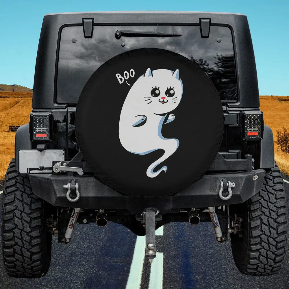 Cute ghost cat boo halloween spare tire cover with playful cartoon cat and BOO text for Jeep and SUV