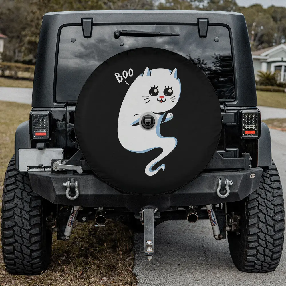 Cute ghost cat boo halloween spare tire cover with backup camera hole for Jeep Wrangler and Bronco