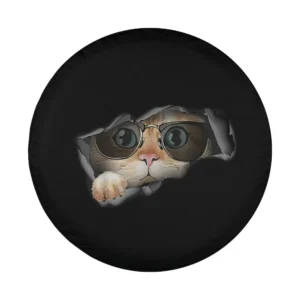 Cartoon cat with glasses peeking through torn hole tire cover design