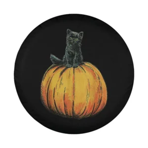 Vintage illustration of black cat sitting on orange pumpkin Halloween tire cover