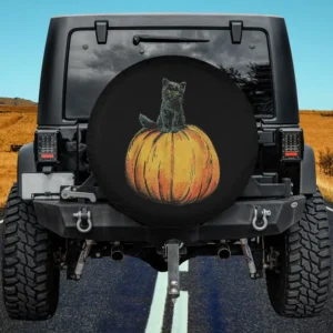 Cute Halloween black cat sitting on orange pumpkin spare tire cover for Jeep and SUV