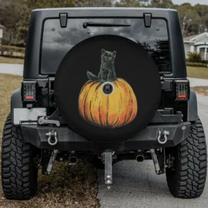 Cute Halloween black cat orange pumpkin spare tire cover with backup camera hole