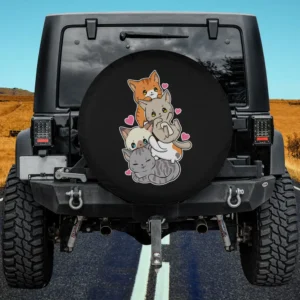 Cute kitty pile with pink hearts anime cat spare tire cover no camera hole