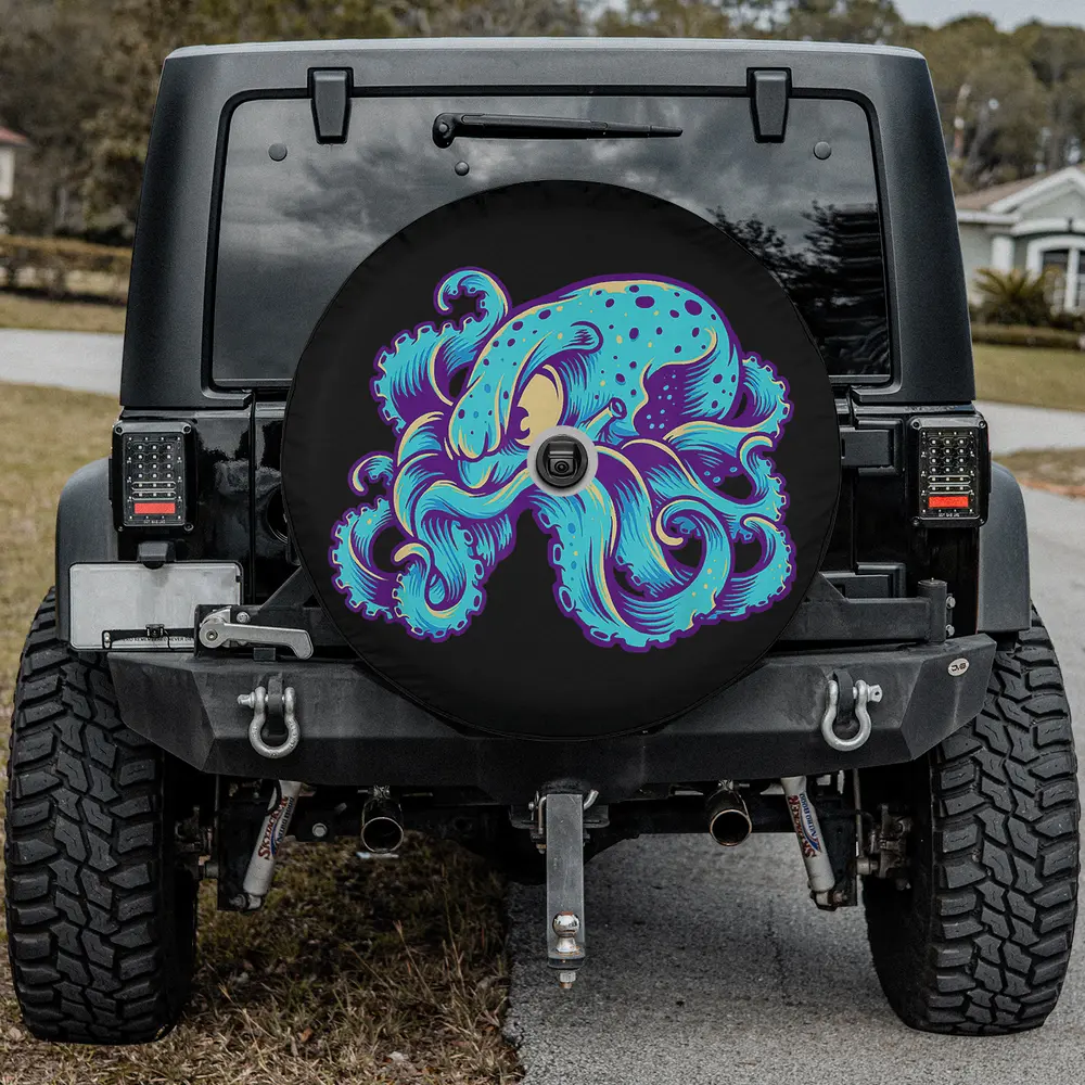 Cute purple octopus funny retro spare tire cover with camera hole on Jeep