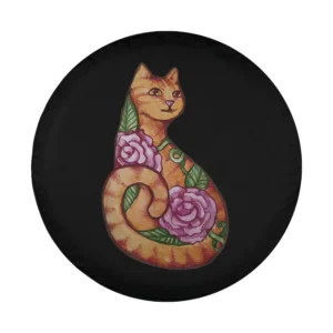 Watercolor orange tabby cat and pink flowers spare tire cover design only
